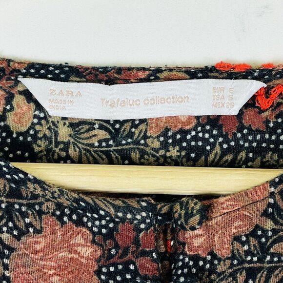 Zara Trafaluc Brown Black Dot Floral Stitch Long Sleeve‎ Blouse Top Womens Small - Picture 6 of 8